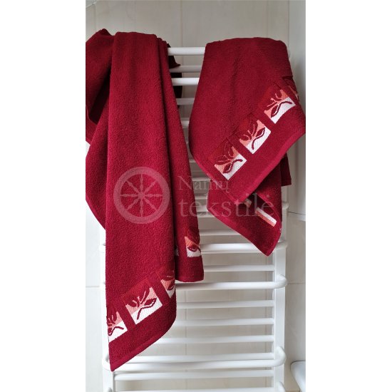 Cotton terry bath towel with leaves "BURGUNDY"
